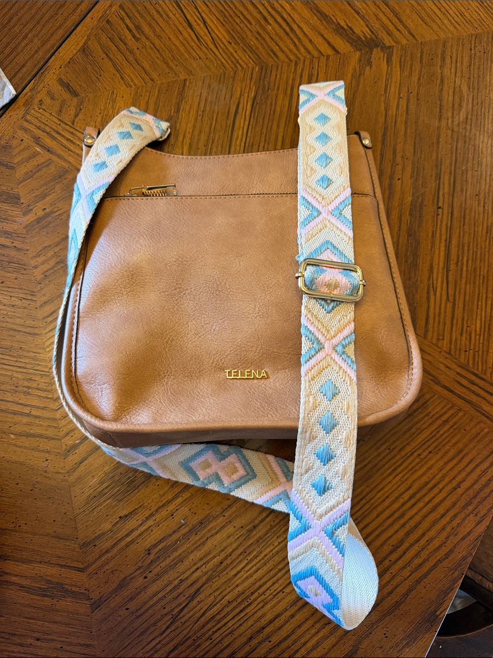 TELENA Tan Leather Crossbody with Pastel Woven Strap